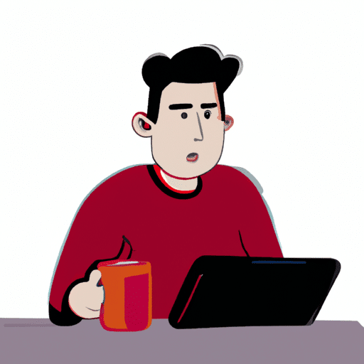 אדם יושב ליד שולחן ולידם מחשב נייד וכוס קפה
