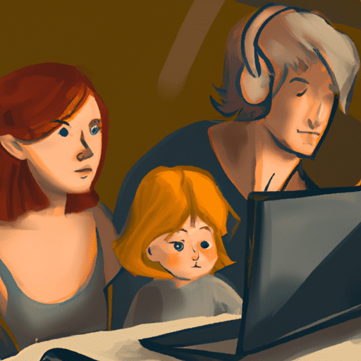 איור של משפחה עם אמא עובדת על המחשב הנייד שלה.