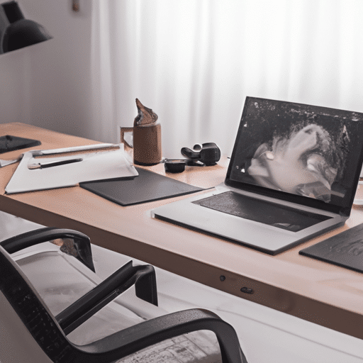 תמונה של שולחן עבודה במשרד ביתי נעים עם מחשב נייד ותוכנת עיצוב פתוחה